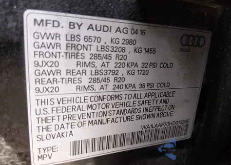 2017 Audi Q7 3.0T Premium from USA, damaged, VIN WA1LAAF70HD016265